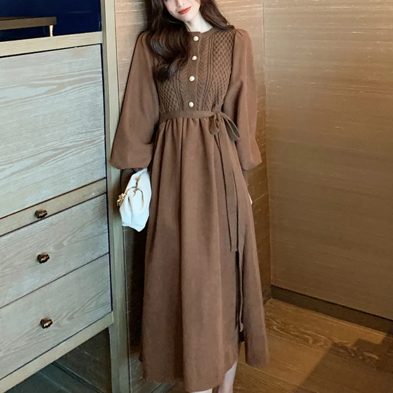 

French Women Vintage Dress Korean One-Piece Elegant Knitted Sweater Dresses Winter 2020 New Woman Long Sleeve Dress Midi Dresses