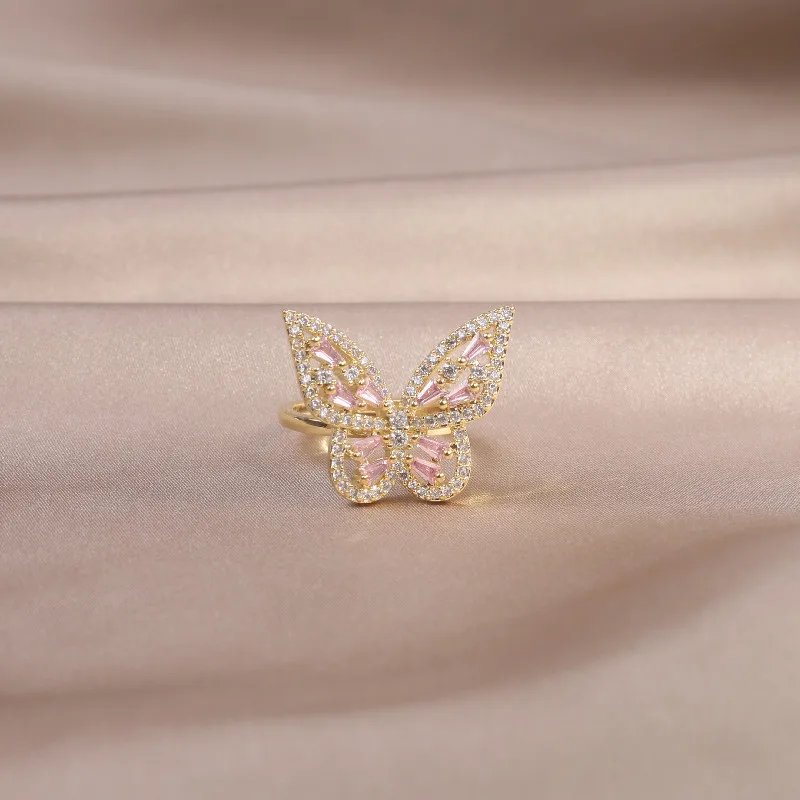 

Женское кольцо с бабочкой, регулируемое кольцо с розовым фианитом, 14 к
