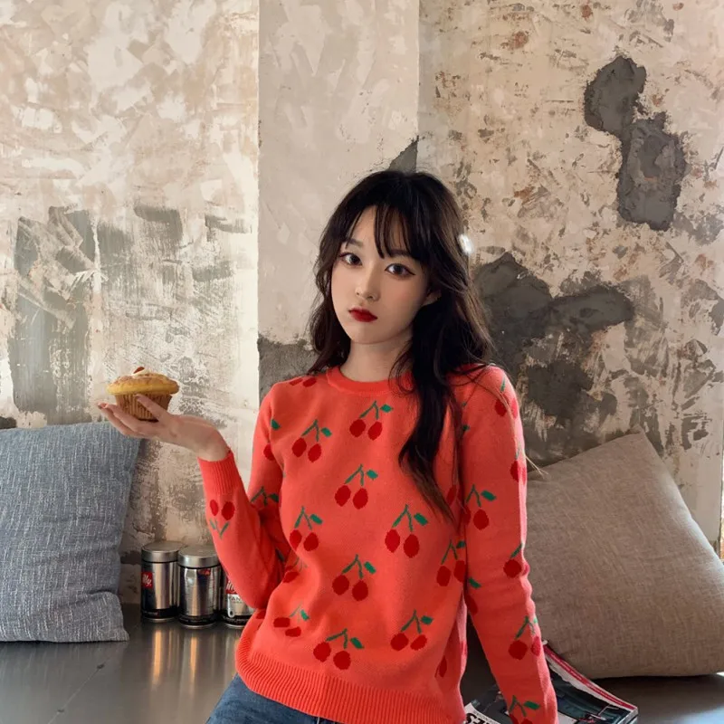 Women Cherry Vintage Pullover Sweater Female Knitted Jumper Autumn Oversize Casual Ladies overalls | Женская одежда