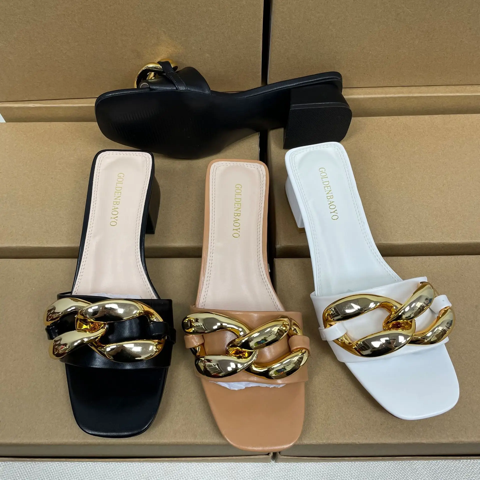 

Fashion Square Toe Gold Necklace Toe Chunky Heel Square Heel High Heel Shoes Open Toe Casual Temperament Home Shoes
