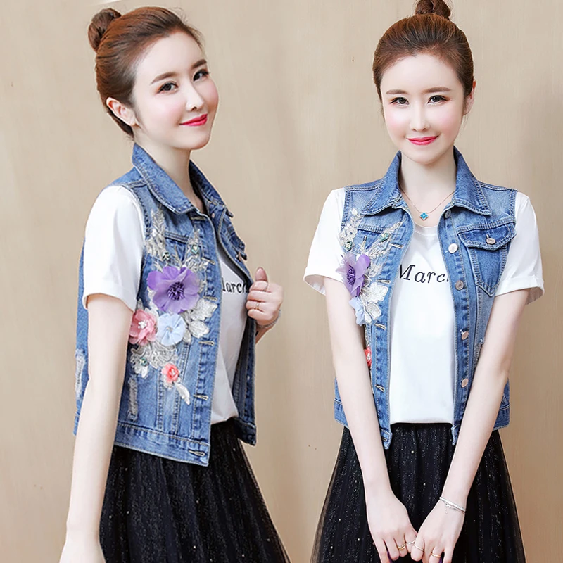 

2020 Spring and Autumn New Three-dimensional Flower Hole Denim Jacket Sleeveless Female Short Slim Denim Vest Top Plus Size R177
