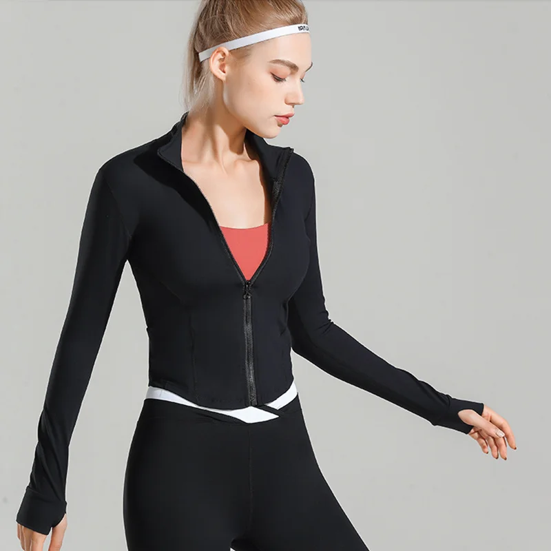 

Sport Jacket Women Long Sleeve Zip Fitness Yoga Shirt Top Workout Gym yoga jacket Running Coats Training sportswear black& white