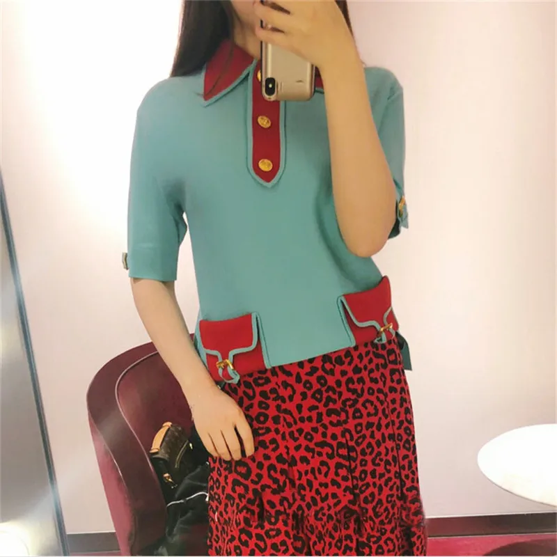 Женская трикотажная футболка с карманами синяя Повседневная однобортная летняя