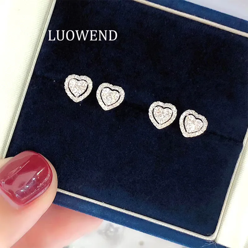 

LUOWEND 100% Real 18K White Gold Women Engagement Stud Earrings Certified 0.40ct Real Natural Diamond Earring Halo Heart Design
