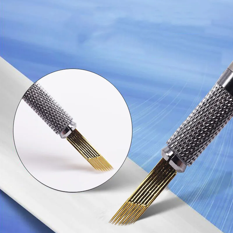 Permanent Makeup 3D Embroidery Needle Golden 2 Row 15 Pins For Eyebrow Tattoo Microblading Blade Fog |