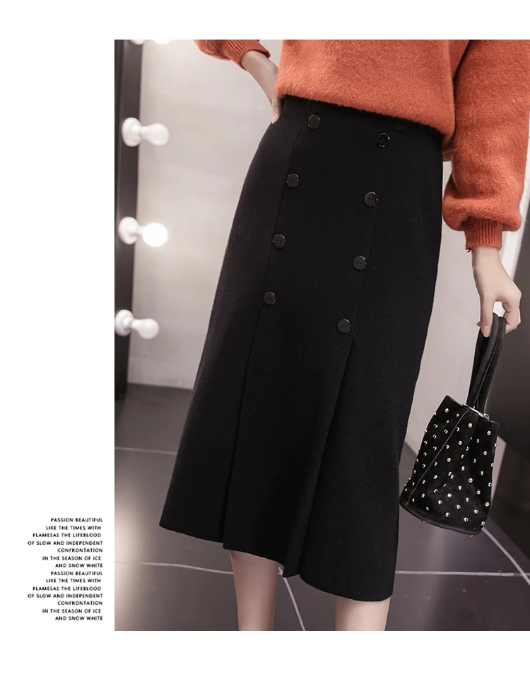 High Waist Stretch Knitted Skirt Women Elegant Double breasted Straight Long Skirts Female Autumn Winter Vintage Pleated Skirt