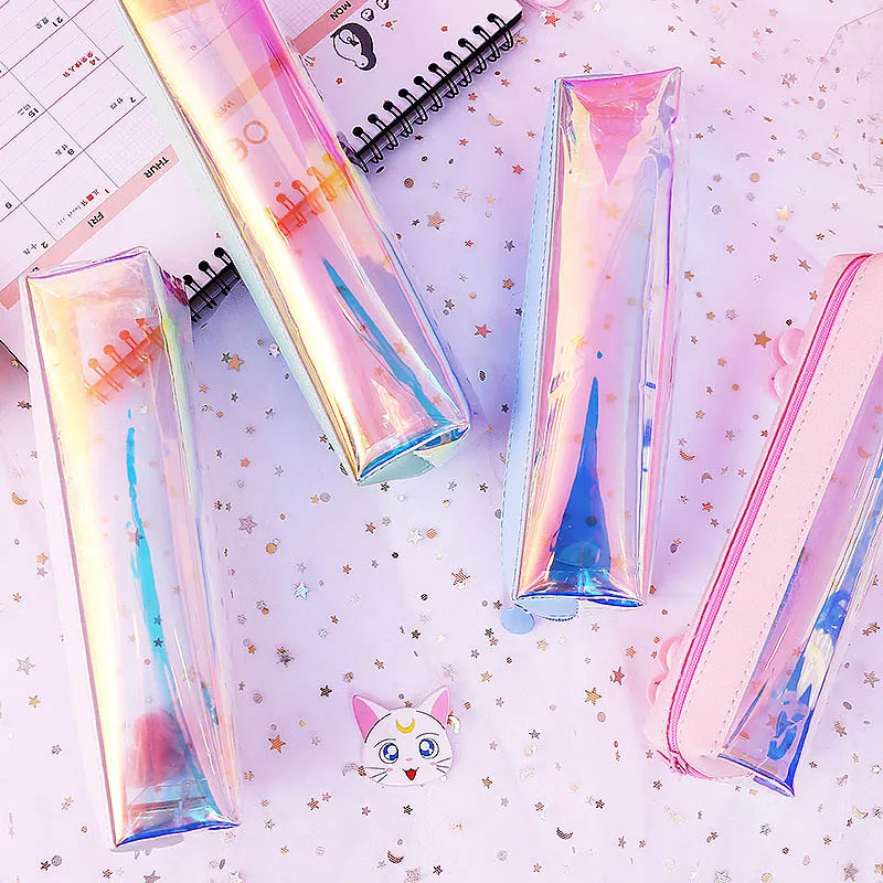 Glitter Pencil Case Creative Laser Transparent PVC Bag School Kawaii Pen For Girls Gift Stationery ChanceryEscolar | Канцтовары для