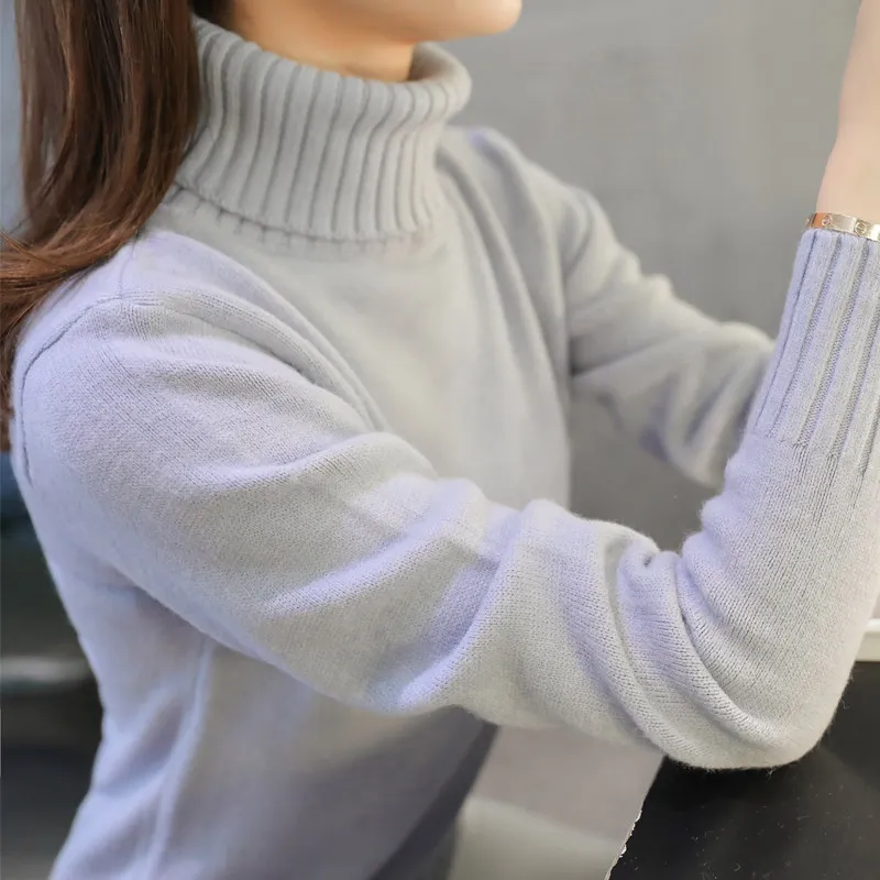 

2019 New Autumn winter Women Knitted Sweaters Pullovers Turtleneck Long Sleeve Solid Color Slim Elastic Short Sweater Women