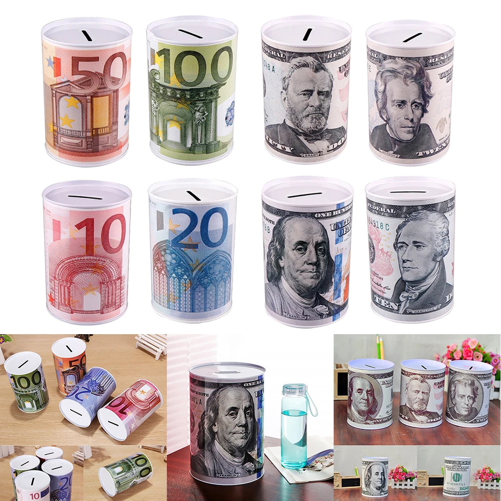 

Creative Euro Dollar Metal Cylinder Piggy Bank Saving Money Box Home Decoration Tin Piggy Bank Child Piggy Bank High-Quality