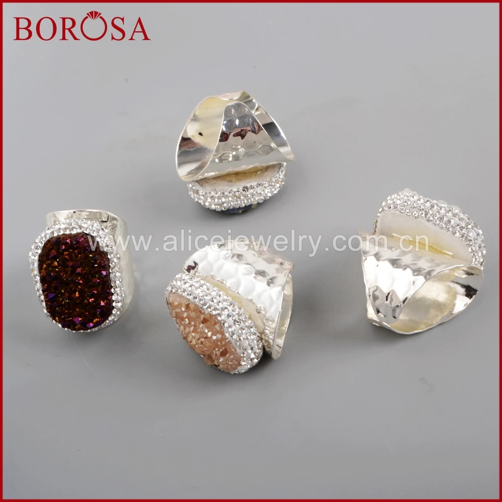 Бренд BOROSA Радужный дизайн натуральные Агаты Druzy кольцо для женщин посеребренные