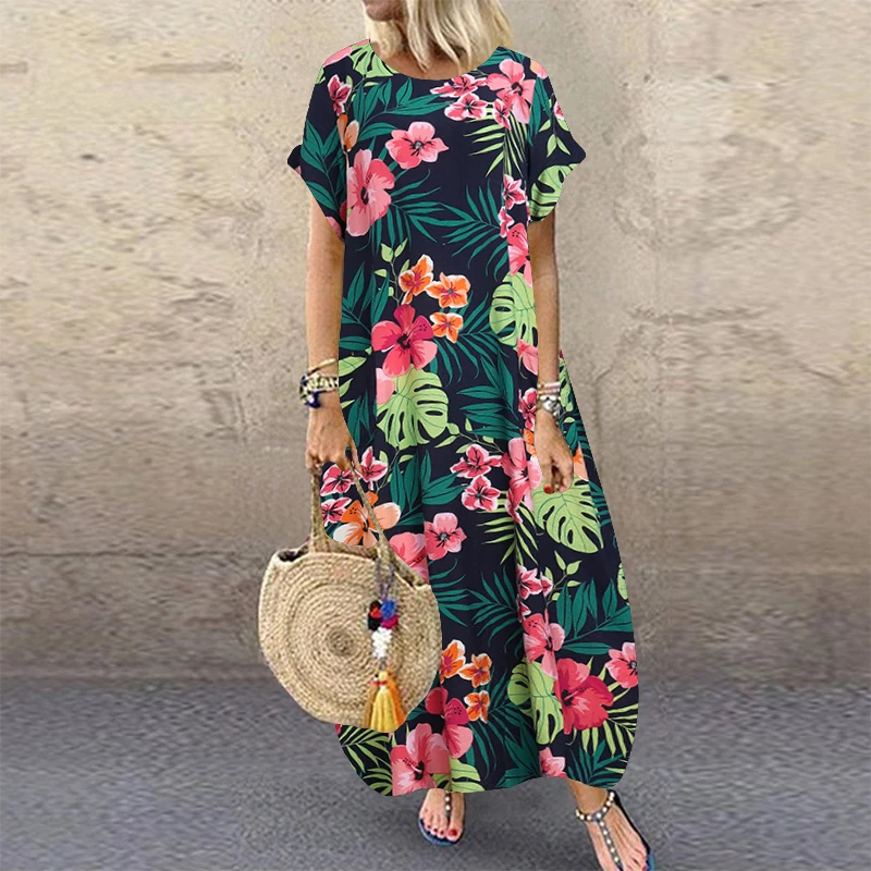 

Summer Bohemian Sundress 2021 Women Party Long Dress Casual Vintage Short Sleeve Floral Printed Vestido Female Robe