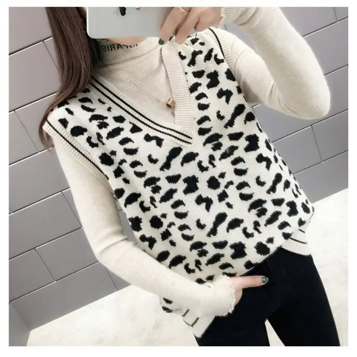 

Vests Women Leopard Sexy V-Neck Elegant Ladies Knitting All-match Loose 2XL Korean Chic New Harajuku Womens Pullover Fashion