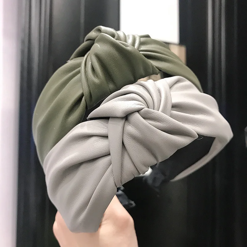

Vintage Solid PU Leather Bezel Hairband For Women Turban Headband Girls Hair Accessories Handmade Lady Headwear 2021 New Fashion