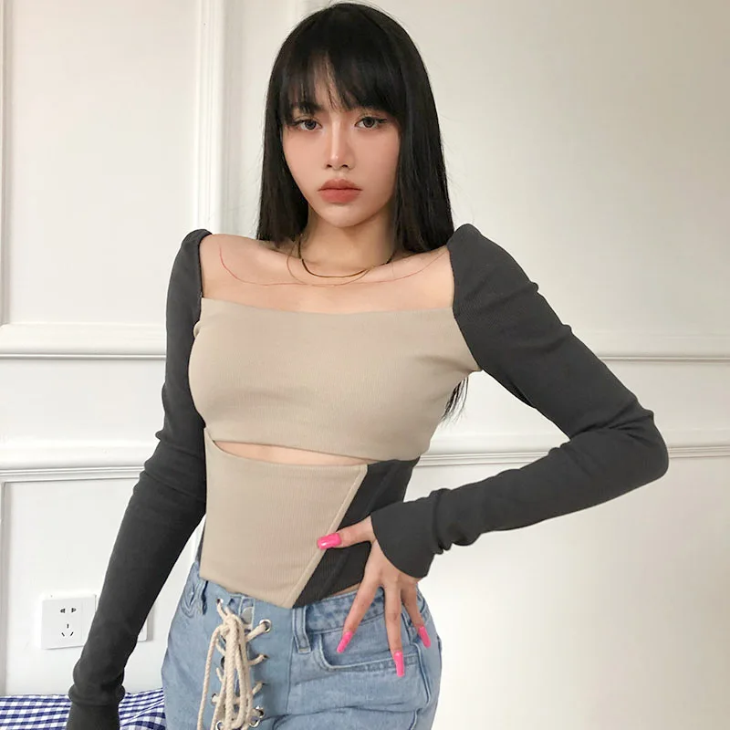 

2021 autumn new shirt French retro temperament square collar color two-piece waist bottom shirt sexy tight long sleeves