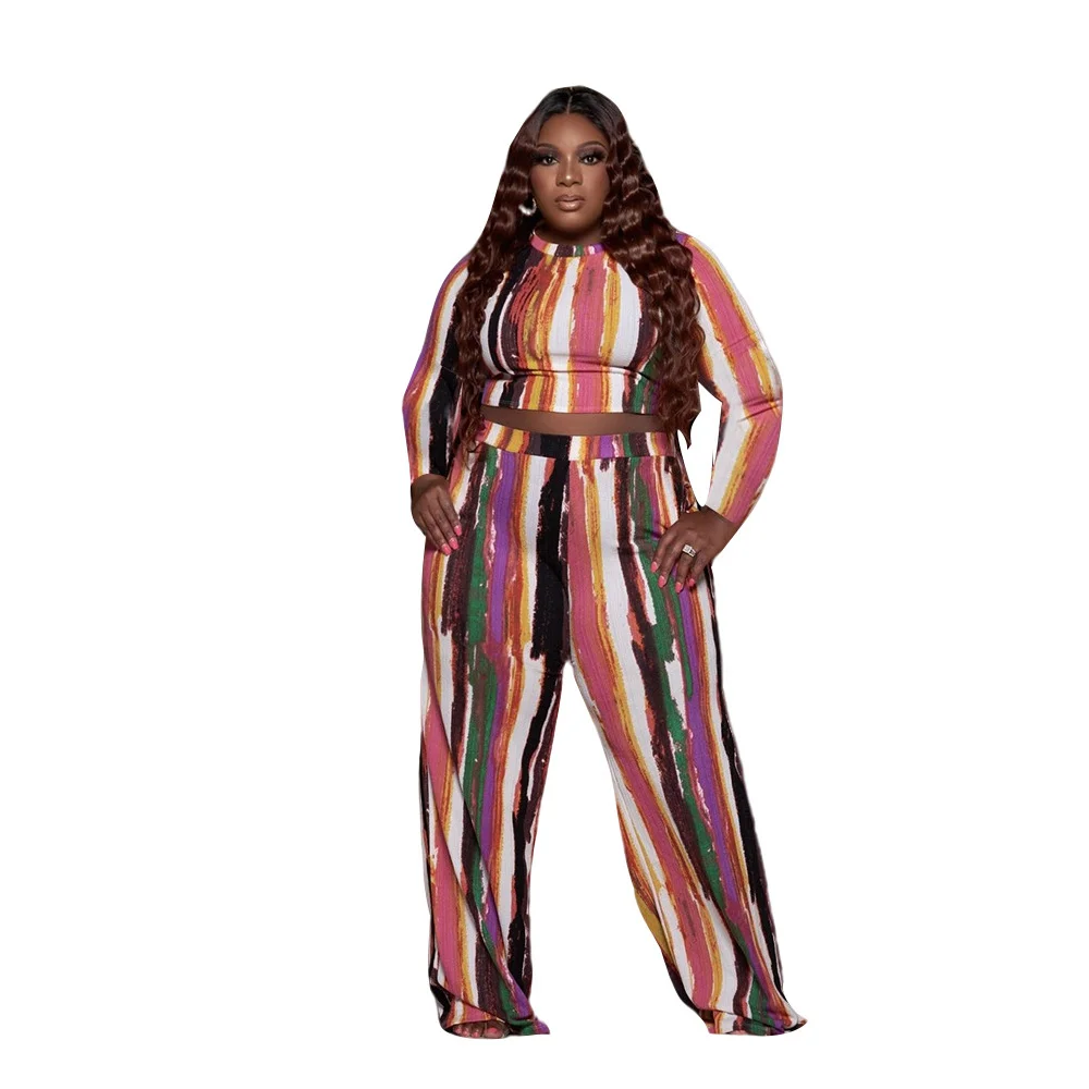 

Sylph 2021 Plus Size Women's Clothing Long Sleeve Top And Wide Leg Pants Set O-neck Striped Printed Two Piece Sets For Women