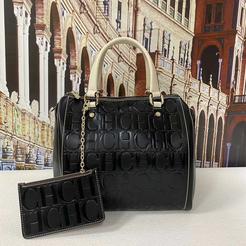 

Роскошная брендовая сумка Boston из 100% натуральной кожи, новинка 2021, однотонные кошельки и сумочки в стиле ретро с принтом букв и CH-рисунком