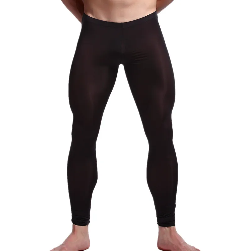 

Sexy Male Leggings Tights High Elastic Bulge Pouch Sexy Long Johns Ultra-thin Ice Silk Translucent Long Pants Thermal Underwear