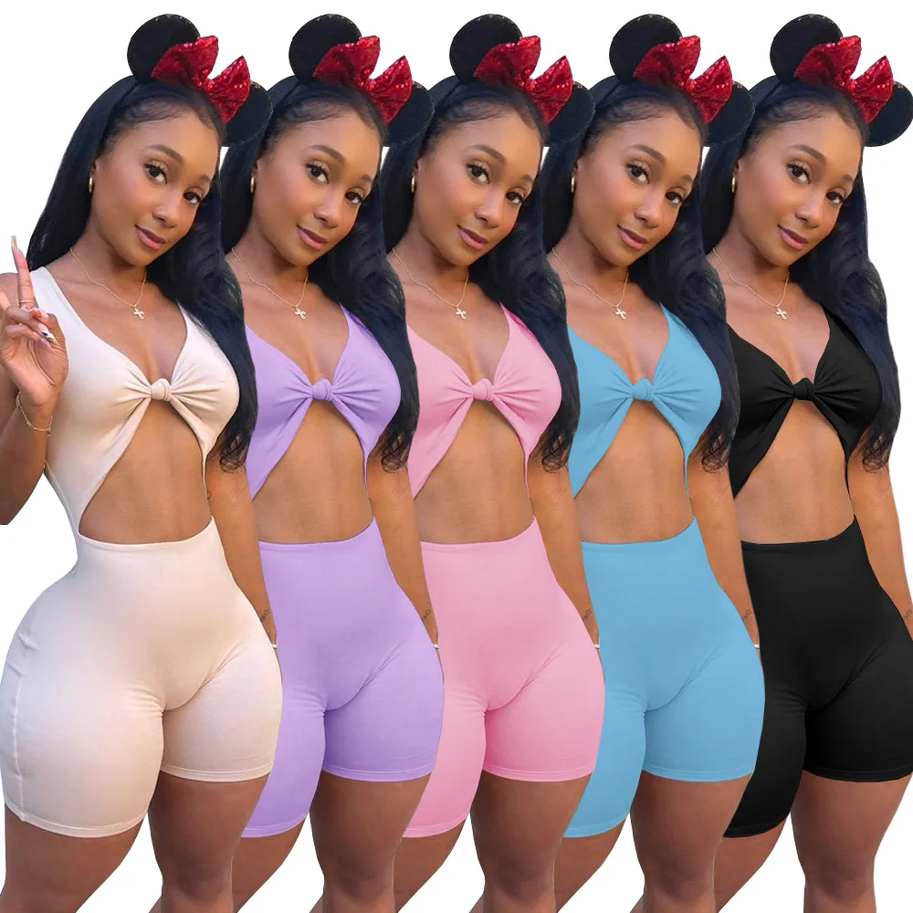 

Sexy Sleeveless Playsuits Summer Women Fashion Solid Color Hollow Out Cute One Piece Short Romper Jumpsuit