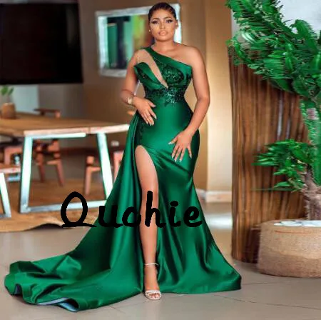 

Emerald Green Evening Dress High Slit One Shoulder Special Occasion robe soiree Islamic Dubai Kaftan Saudi Arabic Prom Gown