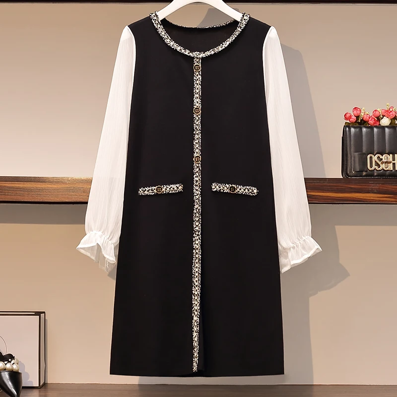 

Шифоновое лоскутное платье-свитер с длинным рукавом и круглым вырезом, винтажное повседневное длинное платье, 2020, женское платье большого р...