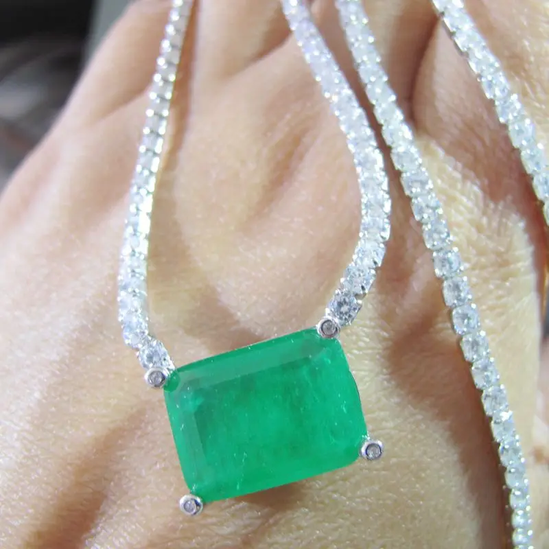 

100% 925 Sterling Silver Stone Tennis Chain with Created Diamonds Green Gemstone Emerald Necklaces For Women wedding Gifts