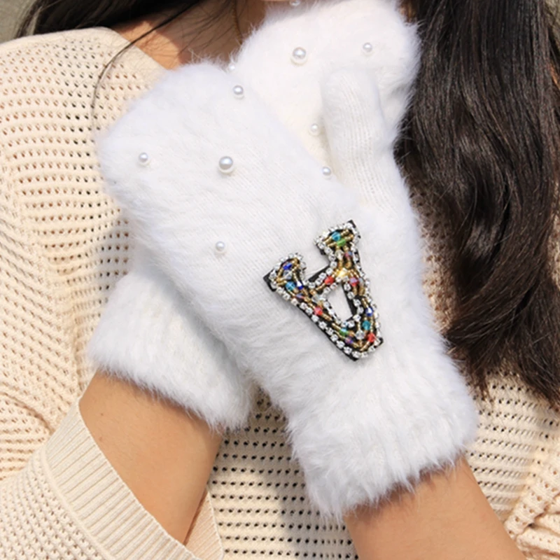 

Женские зимние перчатки, разноцветные перчатки из кроличьего меха с украшением из кристаллов, женские теплые мягкие варежки