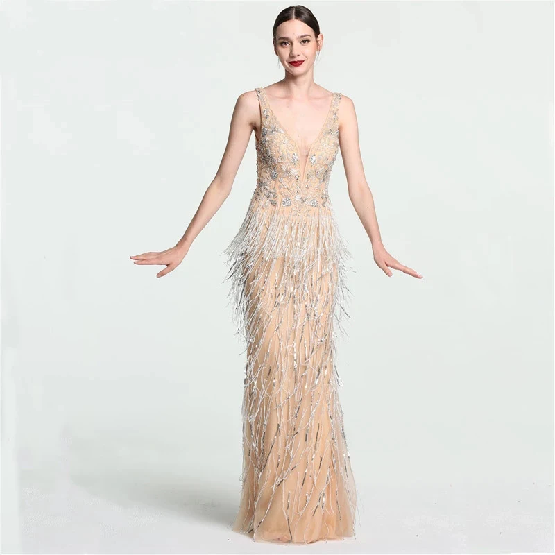 

Sexy Deep V-neck Prom Dress Crystal Beads Long Evening Dresses 2021 Hot Sale Floor Length Prom Dress Party Dubai