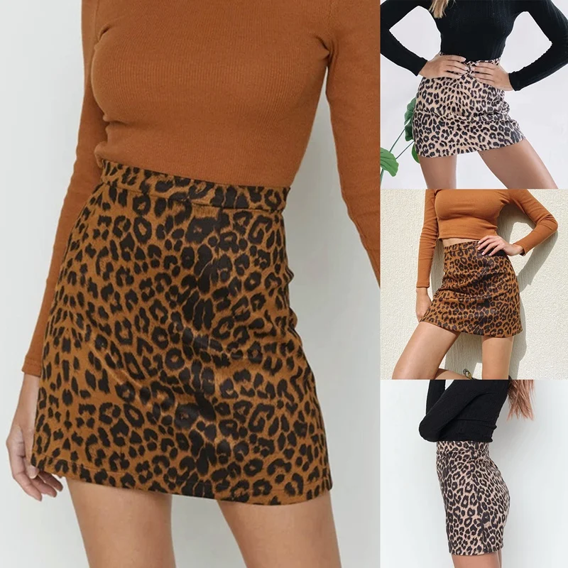 

Women's Skirts Summer Fashion Sexy Female High Waist Suede Leopard Print Zip A-Line Skirts