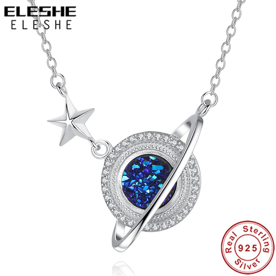 

925 Sterling Silver Blue Planet Star Pendant Necklace For Women Dazzling Style Unique Delicate Jewelry Gift