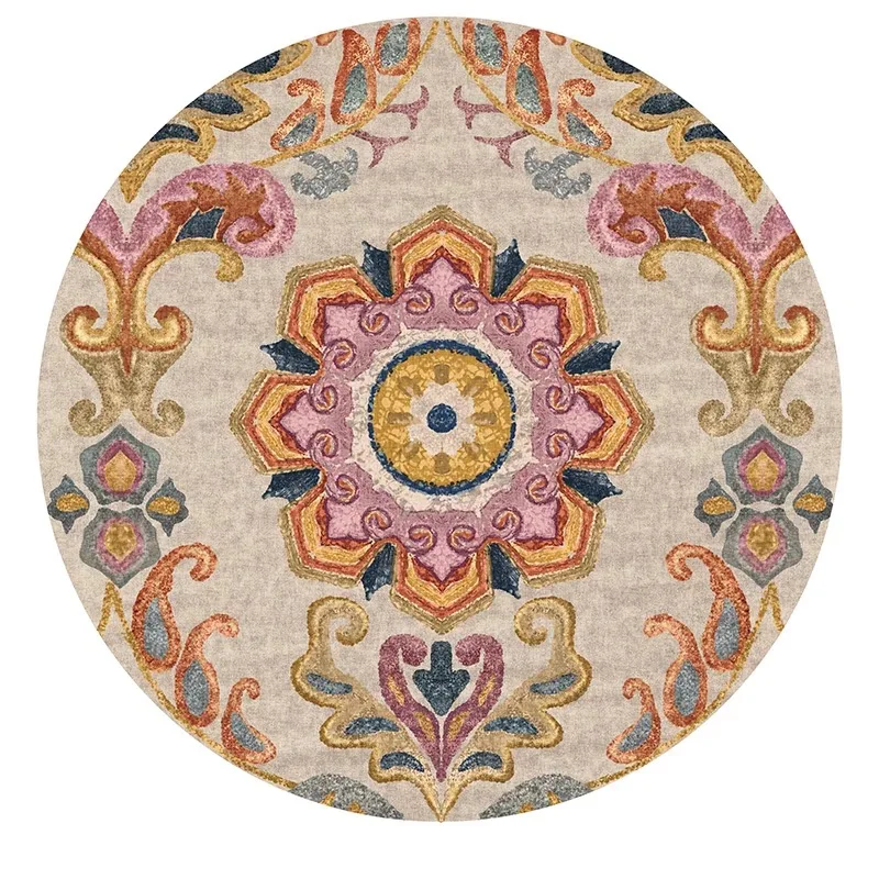 

Nordic Ethnic Mandala Retro Round Mat Flower Printed Round Carpets Living Room Kid Room Bedroom Jacquard Baby Large Crawling Rug