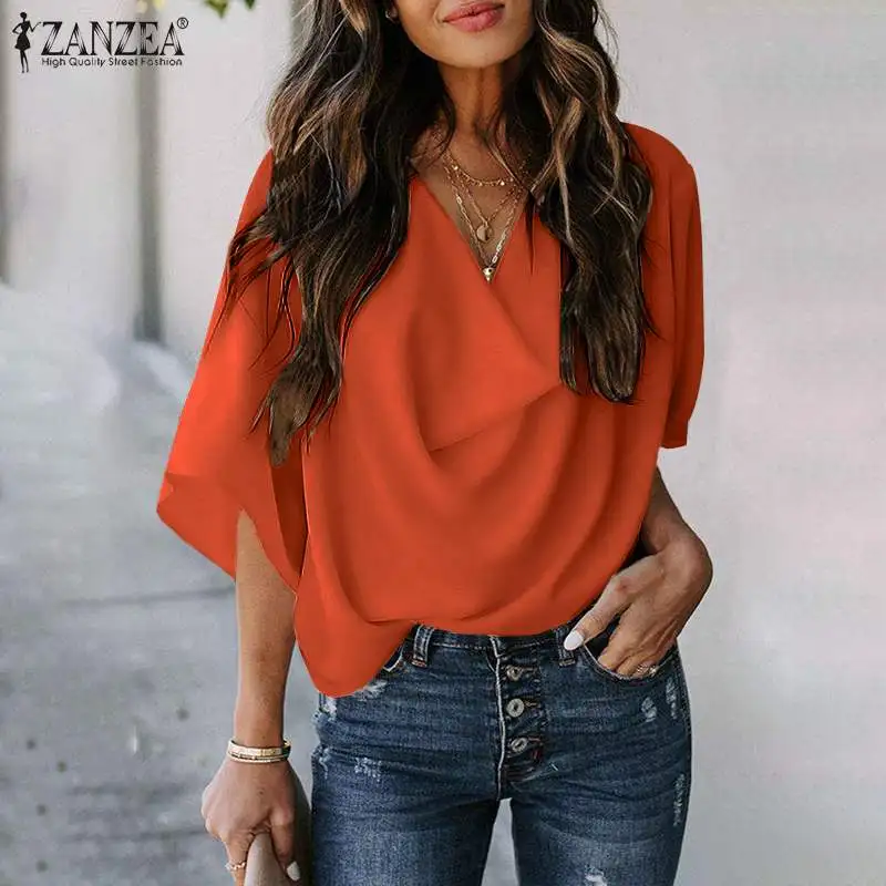

Womens Fashion Solid Blouse ZANZEA 2021 Summer Work Blusa Casual Short Sleeve Loose Pullover Female Minimalist Tops Oversize 5XL
