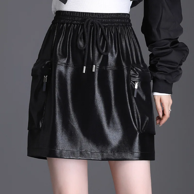 

Autumn Winter Black PU Leather Lantern Skirt Women Elastic High Waist Loose Streetwear Hip Hop Punk Club Sexy Mini Skirts 3088