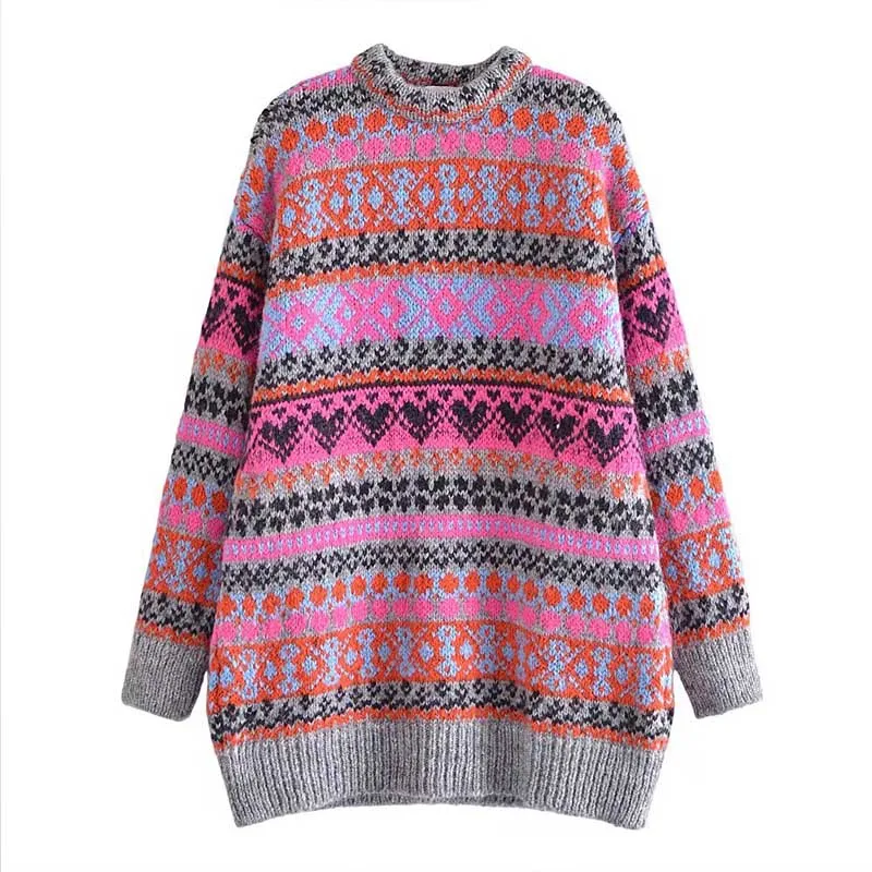 

Women Autumn Winter Loose Pullover Sweaters 2021 Fashion Jacquard O-Neck Long Female Elegant Casual Street Sweater Clothing