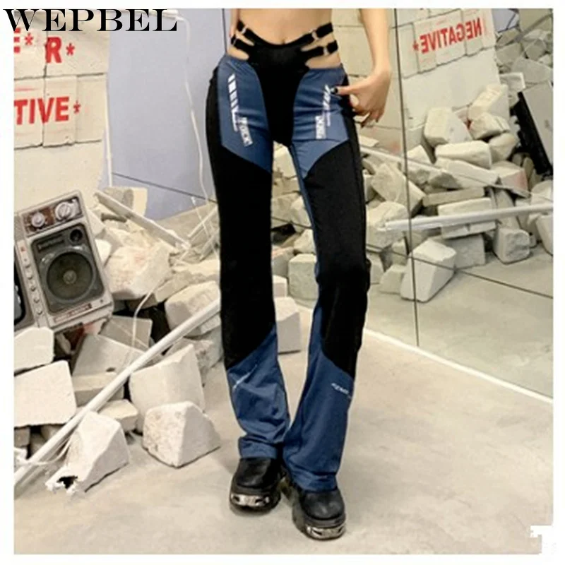 

WEPBEL Women Spring Hollow Out Skinny Pants Ladies High Waist Patchwork Slim Fit Straight Trousers Streetwear