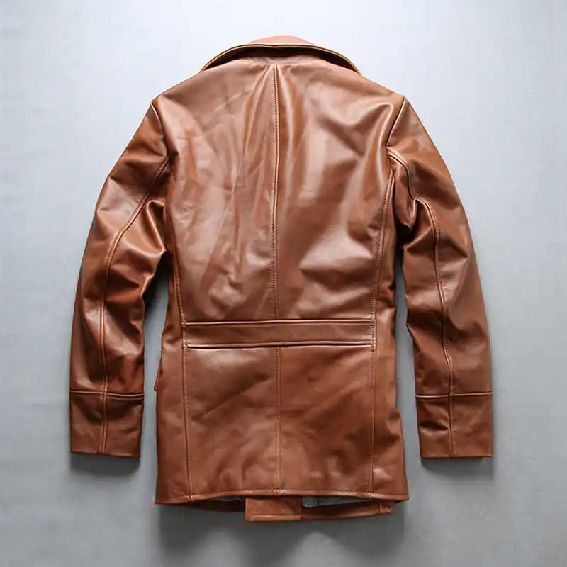 

2021 Men's Genuine Leather Trench Coat Black Real Cowhide Leather Long Jacket for Male R3068