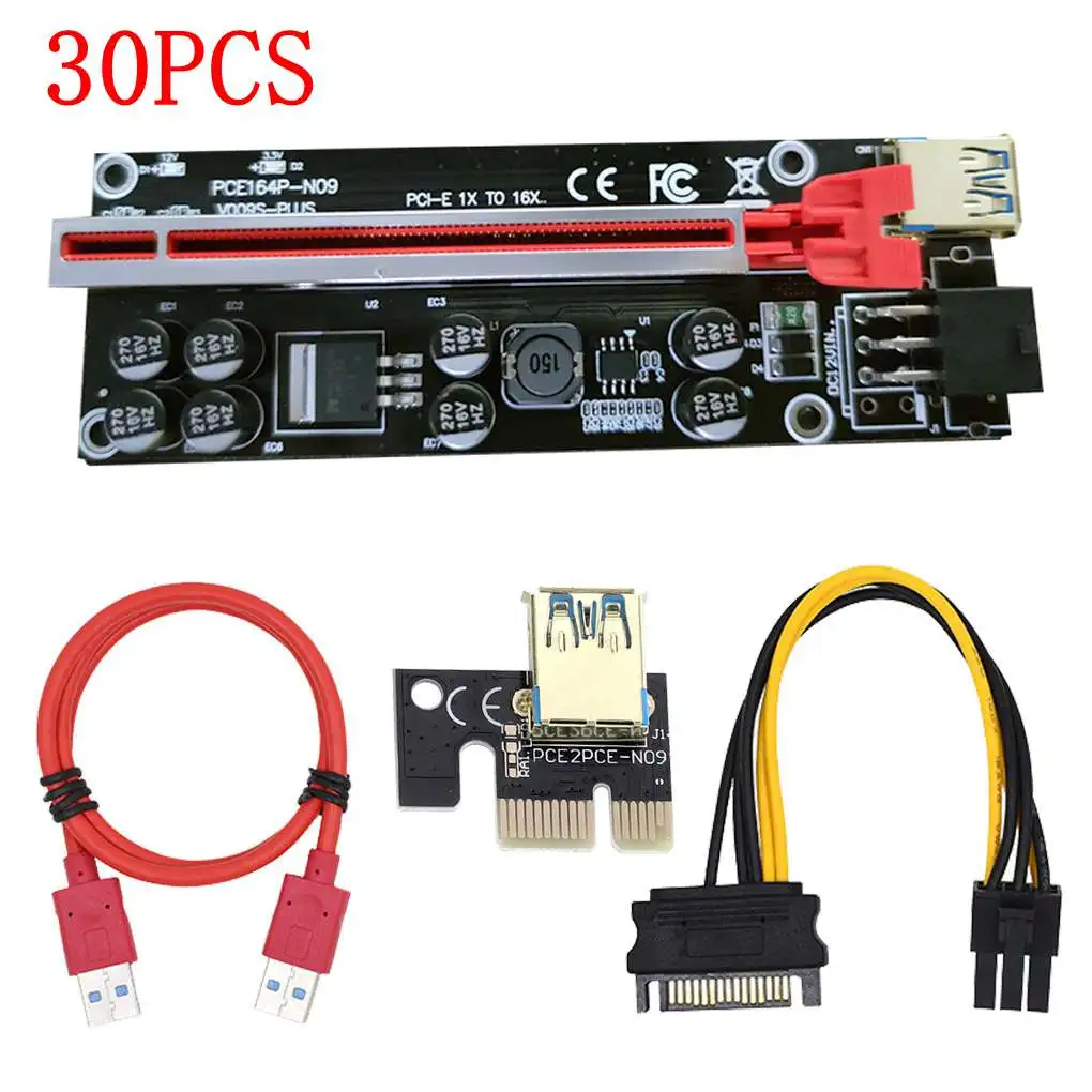 Online 30 Pcs VER009S Plus PCI-E Riser Karte Für BTC Miner PCI Express 1X Zu 16X USB 3,0 Kabel SATA Zu 6Pin Stecker Für Bitcoin Mining