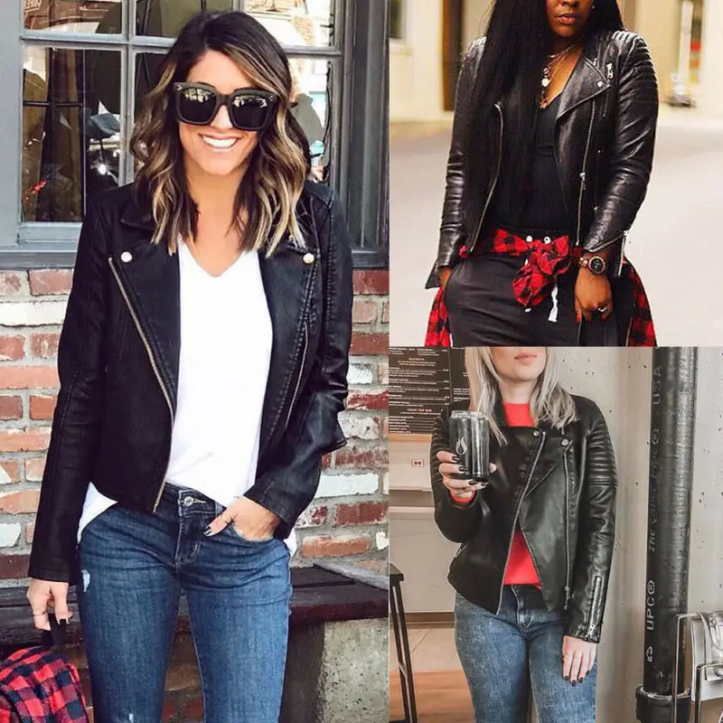 

Women's Ladies PU Leather Jacket Flight Coat Zip Up Biker Casual Tops Outwear