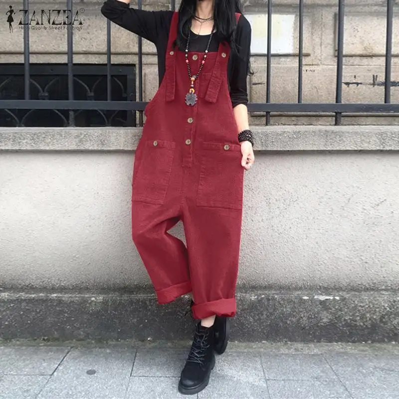 

Вельветовый комбинезон Caftan ZANZEA 2021, женские летние комбинезоны, Комбинезоны на подтяжках, Женские однотонные брюки, Осенние повседневные Ко...