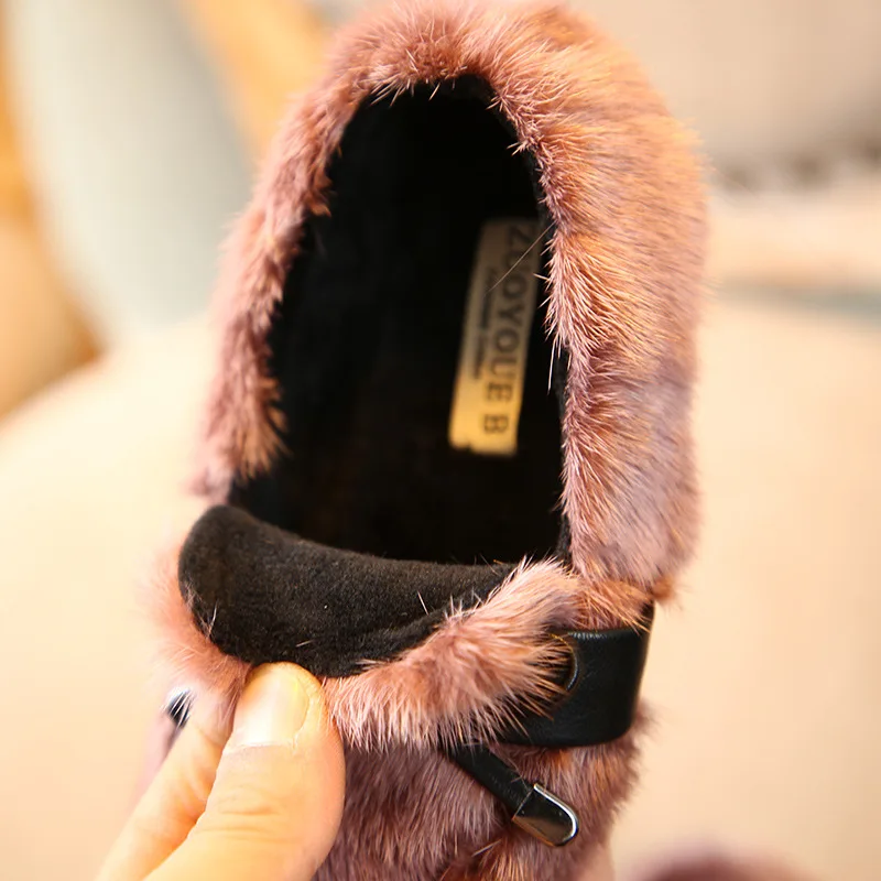 New Winter Kids Bow Princess Shoes Baby Girls Black Sweet Children Fur Brand Fashion Slip On Loafer Warm Moccasin |