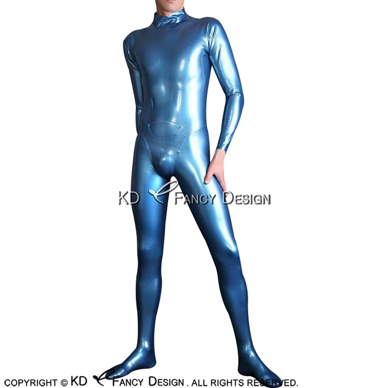 

Metallic Blue Sexy Latex Catsuit With Feet Socks Back Zipper Rubber Body Suit Bodysuit Zentai Overall LTY-0185