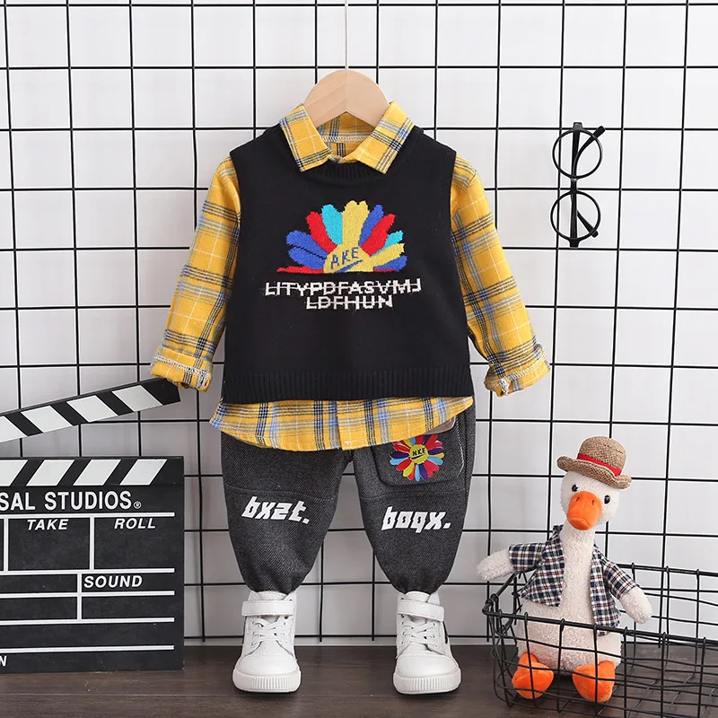 

3PCS Set Baby Boys Clothes Toddler Kids Rainbow letter Color Wool Vest + Long Sleved Striped T-shirt Pants Children Clothing Set