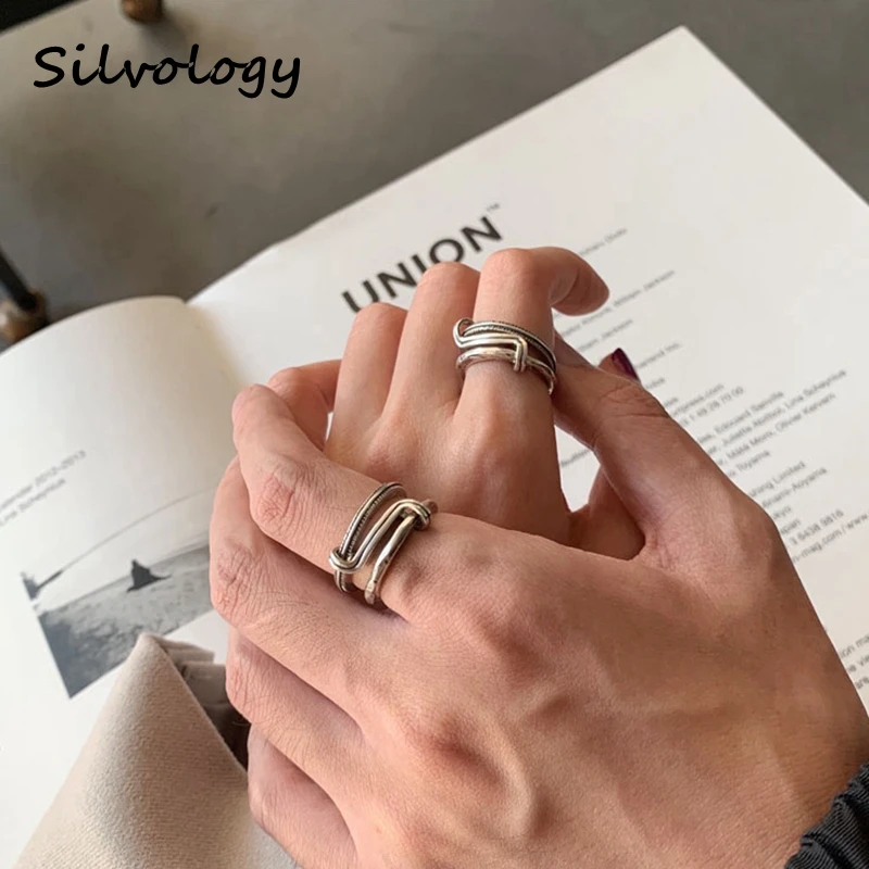 

Silvology 925 Sterling Silver Double Circle Interlock Rings Original Vintage Creative Texture Rings for Women Handmade Jewelry