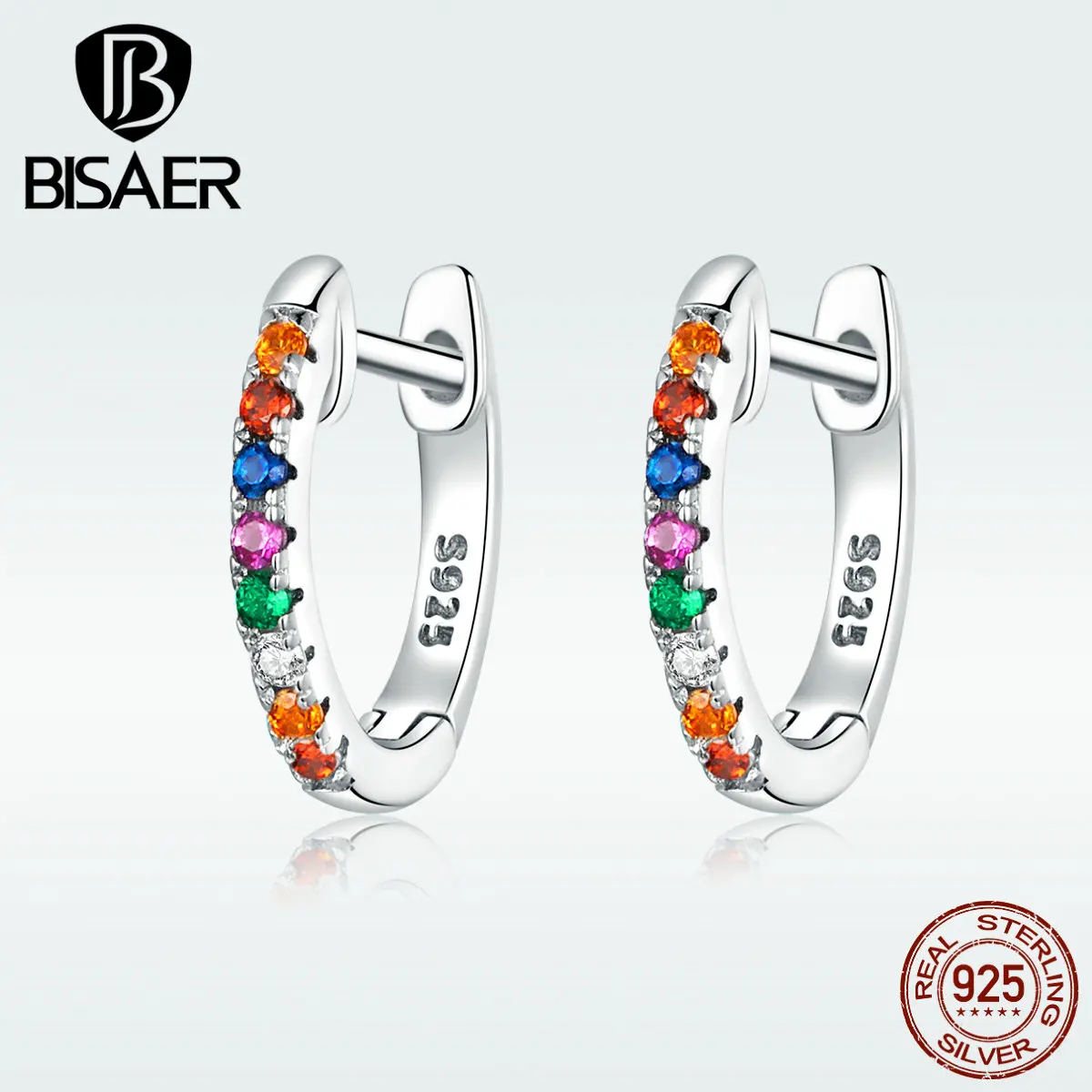 BISAER, серебряные серьги-гвоздики, 925 пробы, серебряные, прозрачные, CZ, цветные, циркониевые серьги-гвоздики для женщин, ювелирные изделия, подарки, HSE721