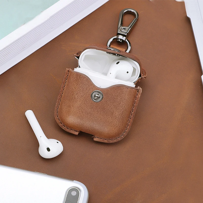 

Handmade original leather keychain handmade vintage leather gift for airpods 1 2 protective cover leather earphone shell