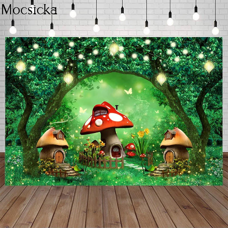 

Фон для фотосъемки с изображением волшебного леса грибов сказочная детская сказка Сказочная страна детский день рождения Фотофон