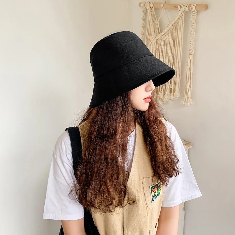 

Bucket Hat Women Black Solid Color Cotton Korean Hat Ladies Foldable Suncreen Spring Summer Hats For Women Fisherman Hat Female