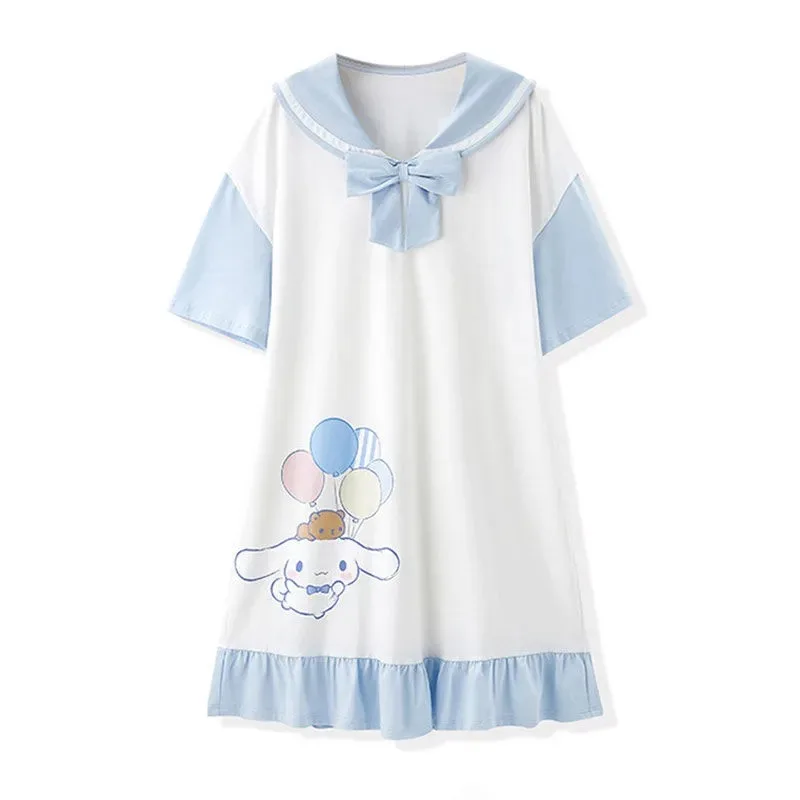 

Cute Sleepwear Cotton Nightgowns Women Kawaii Blue Dress Robe Pyjama Femme Long Summer Sleep Princess White Dress Night Wear