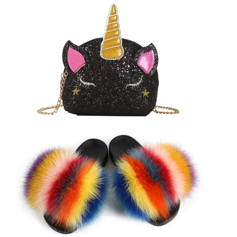 Меховые шлепанцы для женщин милые Мультяшные сандалии желе с единорогом меховые