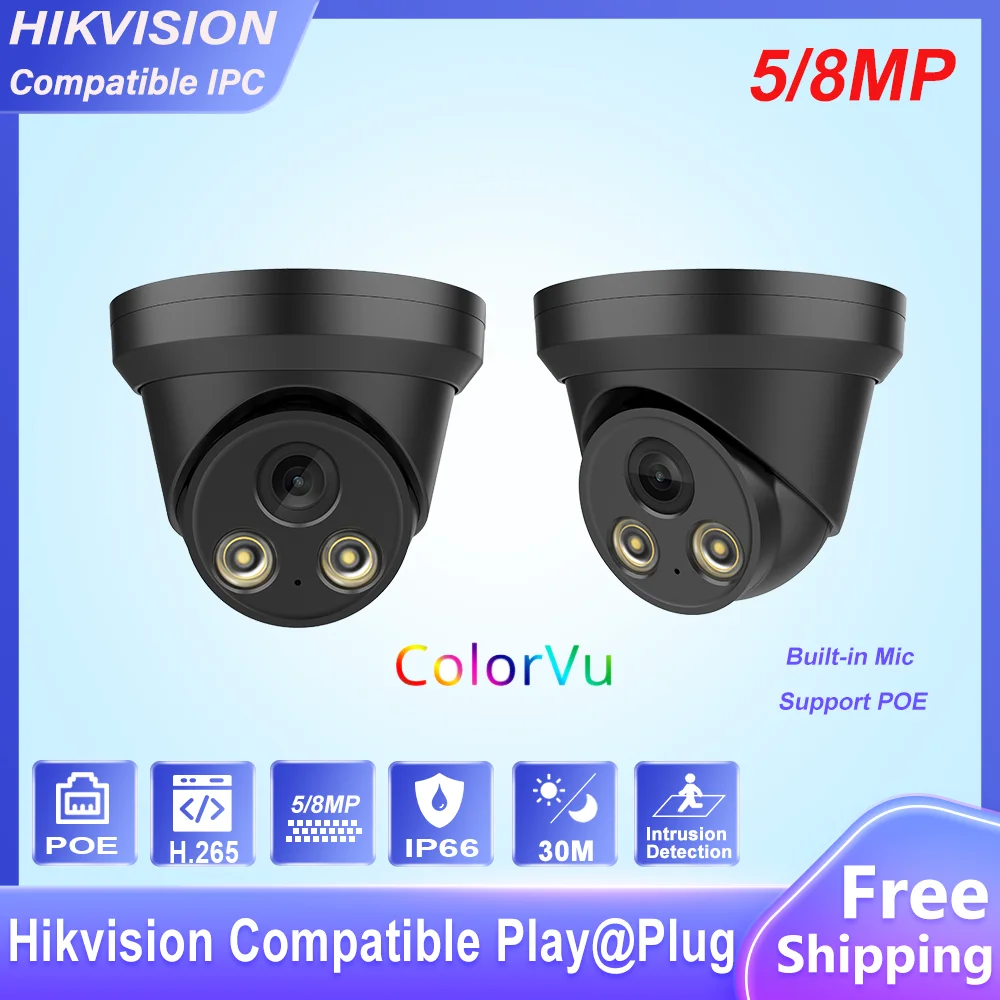

Hikvision Compatible ColorVu 8MP Built-in Mic Motion Detection IR30M Plug&play Black Dome Home Security CCTV POE IP Camera 2pcs