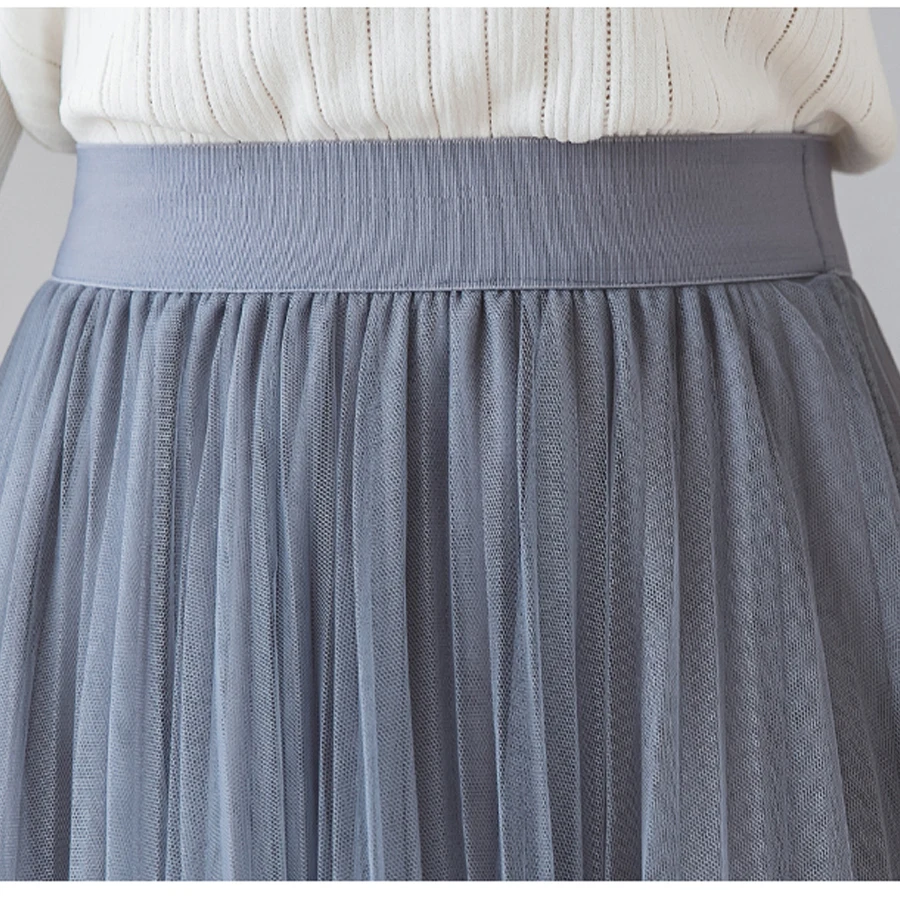 

Autumn Winter Vintage Tulle Skirt Women Elastic High Waist Mesh Skirt 2020 Long Pleated Sweet Tutu Skirt